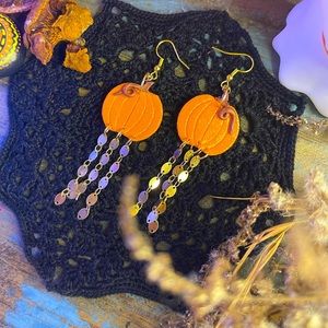 Pumpkin Gold Fringe Earrings Fall Thanksgiving Halloween
